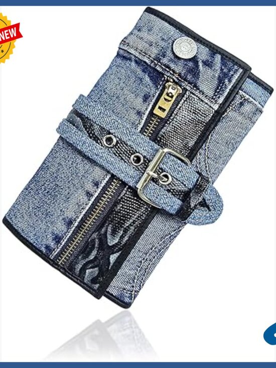 Handbags - Denim Bifold Wallet with Snakeskin Accents Zipper Clutch Purse